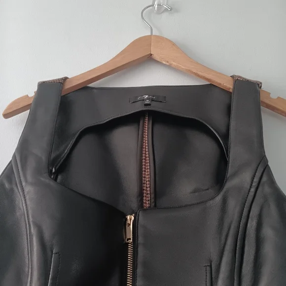 7 For All Mankind Faux Leather Moto Biker Houndstooth Zip Front Vest Black M - Picture 4 of 10